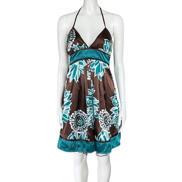 Vintage Y2K Brown Teal Floral Halter Satin Party Dress. XS. Girlhoodcore Fairy - Picture 2 of 13